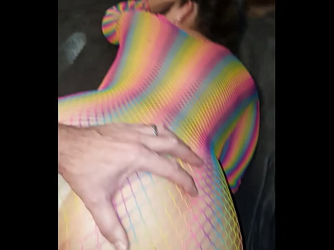 Wife gets hard cock for juicy pussy in rainbow fishnets