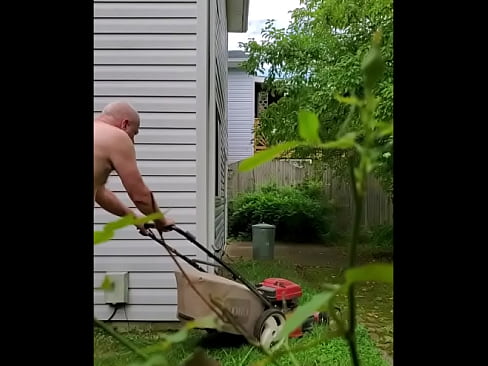 Nude yardwork stop to pee