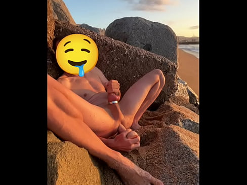 Public Gay beach Badalona masturbation session with anal dildo ass to mouth