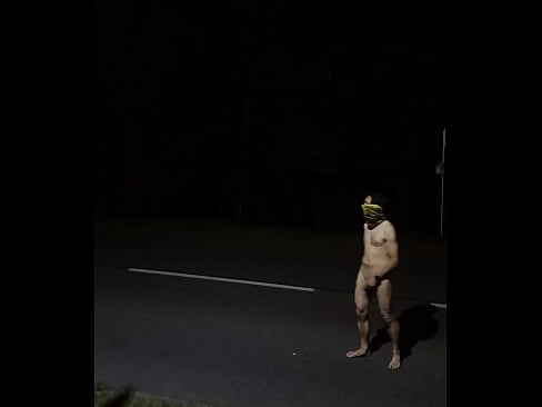 A completely naked amateur shows off in public by the highway