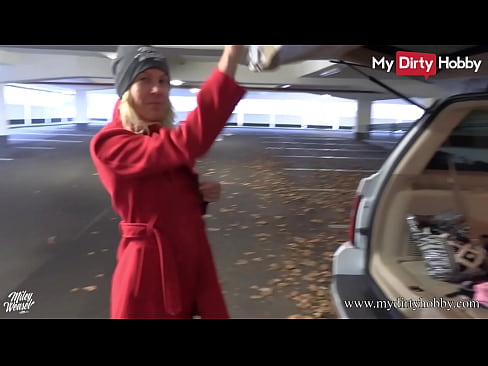 MyDirtyHobby - German amateur blonde babe sucks a cock at a public parking lot and gets a cumshot on her beautiful tits after a nice fuck
