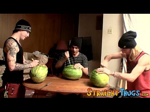 Straight trio penetrates watermelon with dick