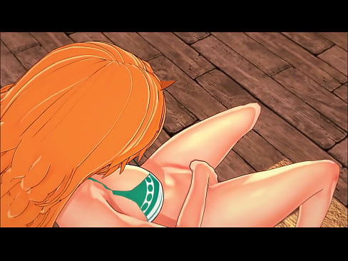 Nami rubs her pussy and masturbates. Uncensored Hentai.