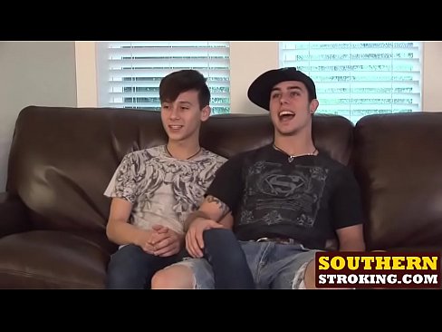 Sexy skinny twinks jerking and barebacking on the couch
