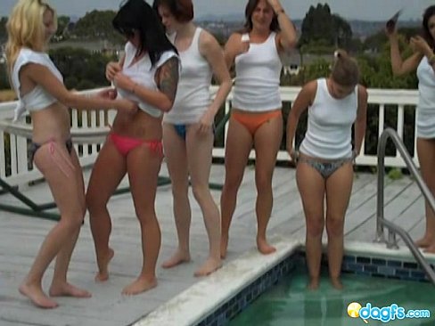 Lesbian wet tshirt pool party fun