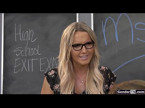 Big tits trans teacher Kayleigh Coxx helps her student with his hardon so he can make his test.She deepthroats and gets sucked before he barebacks her