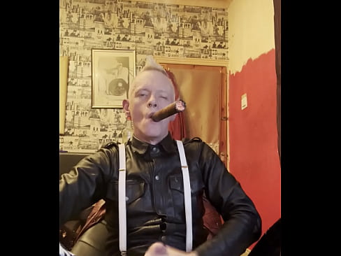 Skin leather cigar smoker jerking and enjoying