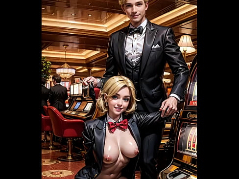 Sexy blonde casino dealer flashes pussy