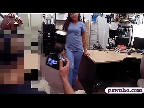 Desperate nurse sucks off and gets her pussy nailed by nasty pawn guy inside his pawnshops office