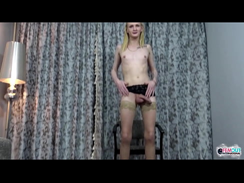 FEMOUT.XXX: Gorgeous blonde Russian tranny masturbates her ass with dildo