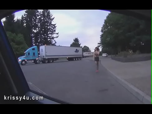 Trans truck stop whore teases in different outfits and masturbates outside