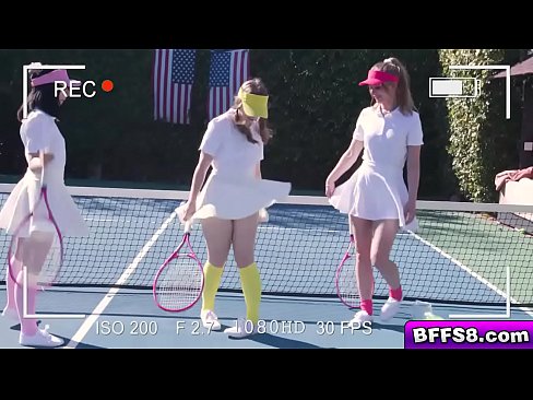 Tennis ladies gets to work sucking and licking the tennis pros fat racket