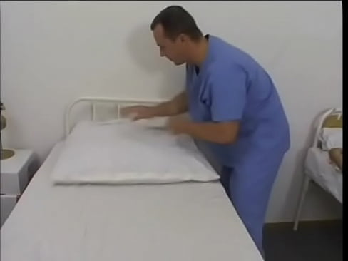 Male intern jacks off while watching female patient play with a dildo then fucks