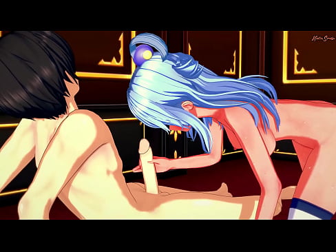 Aqua giving a guy a handjob then getting fucked from behind.