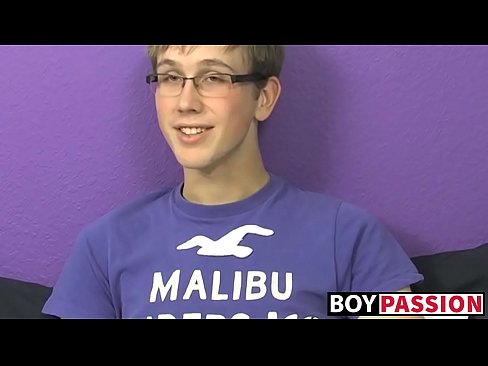 Nerdy twink jerking off after interview