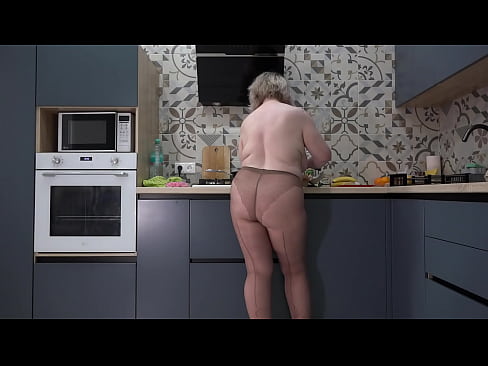 What do you want for breakfast: me or scrambled eggs? Curvy wife in nylon pantyhose in the kitchen. Busty milf with big ass behind the scenes.