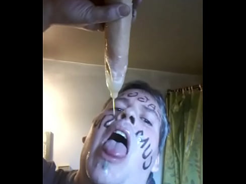 Faggot dripping with loads of cum from a condom