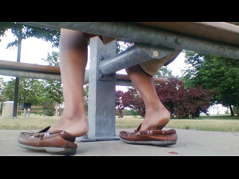 Playing with my brown LL Bean Mocs at a Rest Stop Table, Have a Smoke and Show My Dick