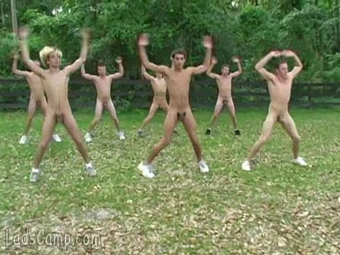Several twinks exercise all-naked by the campsite