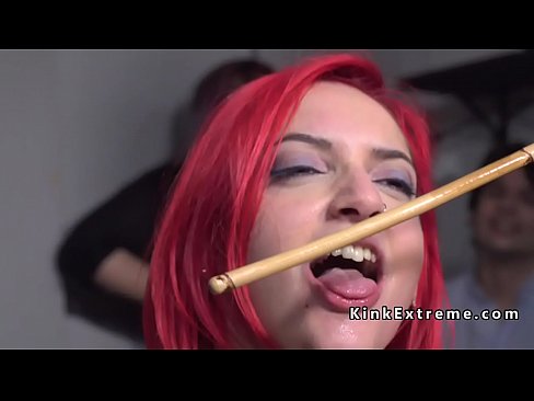 Redhead slave deep throat fucked in public