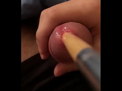 Inserting long wooden brush in cock