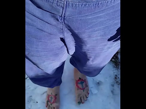 Naked Driver wets sweat pants while walking in snow, and flashes; better quality