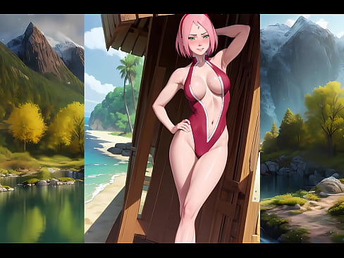 Sakura do anime naruto mostrando mais do que devia, bikini, praia, fio dental