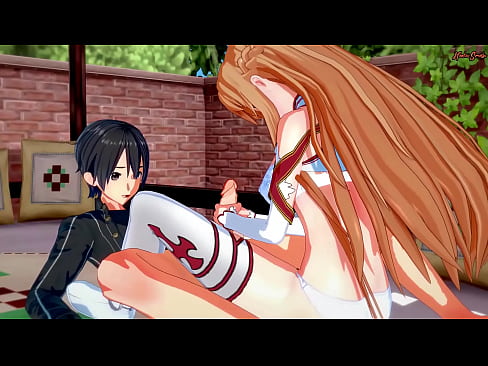 Kirito gets a blowjob from Asuna, then fucks her hard on the bed.