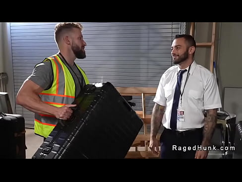 Baggage handler Morgxn Thicke is overloaded with suitcases when flight attendant Drew Valentino gets and sucks his dick then anal fucks him