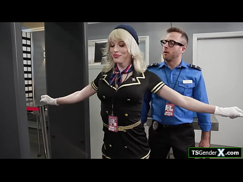 Trans flight attendant Izzy Wilde has a toy up her ass and security guy pulls it out.The big tits tgirl sucks cock and is ass fingered.Shes barebacked