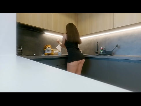 No Panties No Bra Hot Brunette Petite Wife in the Kitchen to flash her Round Sexy Big Ass and Tight Pussy for more likes