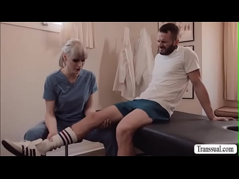 Blonde TS masseuse lets her guy customer get naked so she can start massaging his body.After that,while massaging she gets horny and she then fingers his ass.Next is,they suck each others hard cock and she then fucks his tight wet ass so hard.
