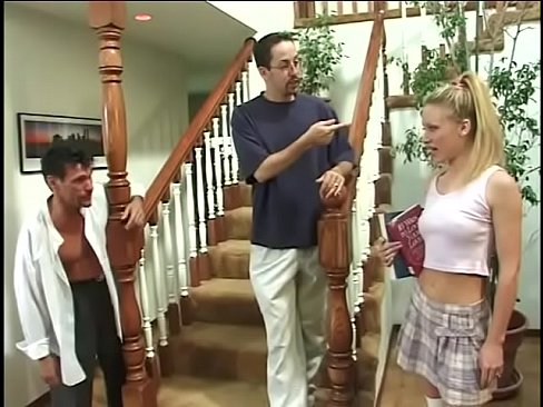 Blonde Bridgette Kerkove fucked in two dicks right on the stairs