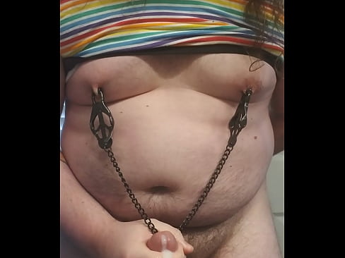 Fat ageplayer playing for wearing nipples clamps