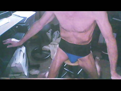 2023 Grinding on Stool in Blue Briefs and Back Brace for Stretching and Pain Relief