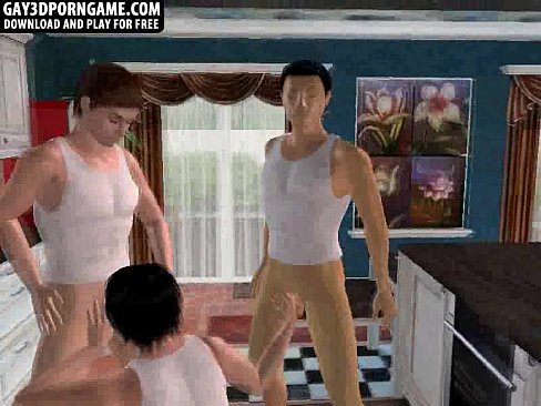3D cartoon hunk gets double teamed in the kitchen