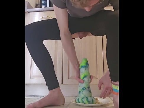 Twink rides a dildo, while food in hole