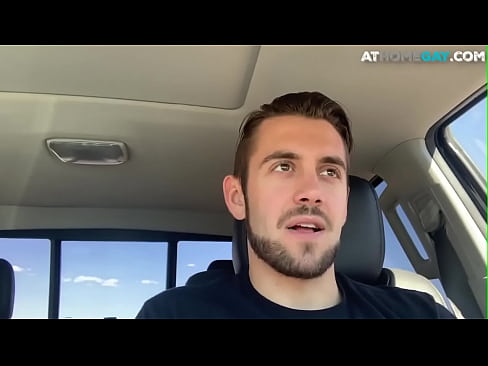 Bearded jock shoots jizz after car masturbation