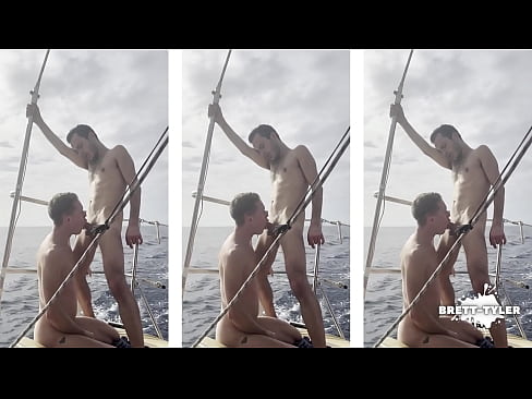 twink gives jock a blowjob on a gay boat party
