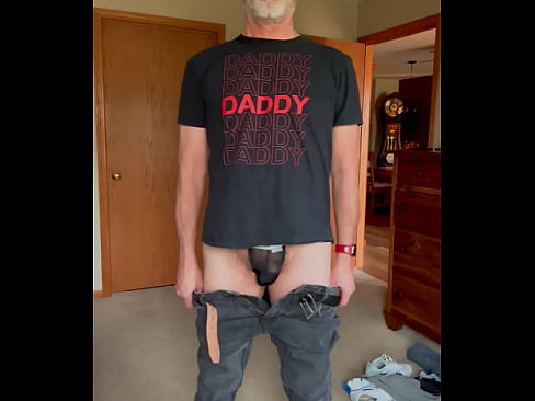 Daddy strips from his work wardrobe to his daddy jock,shows his hole, fuxks it with a dildo