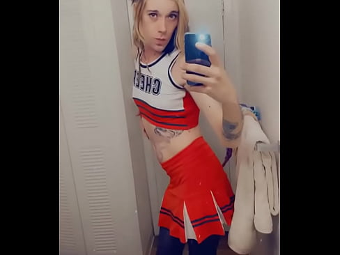 Hot Horny Cheer Leader Touches Her Tiny Dick and Sucks on Her Knees