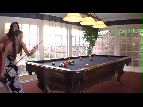 MILF lesbian with round funbags and teen bitch relaxing on the pool table