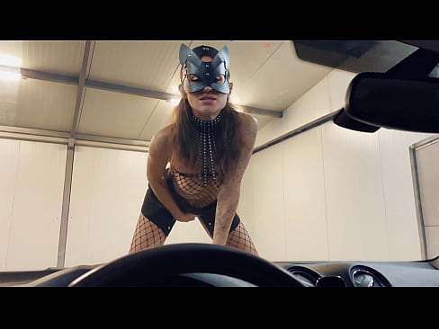 My Public Outdoor Teen Girl dances naked on a car at a car wash and masturbates in a BDSM fetish mask