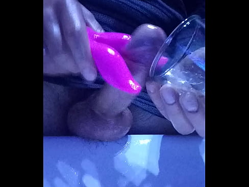 Insane jerking session with wife's vibrator full glass of sperm