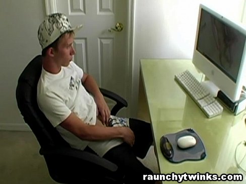 Cute blonde twink Caden watches gay porn