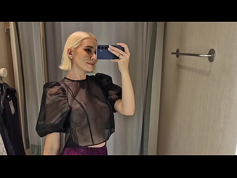 Try on haul transparent and latex clothes in the dressing room. Public fetish