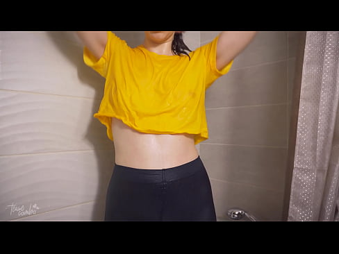 Amateur Mom Showering In Wet Yellow T-Shirt And Control Top Nylons