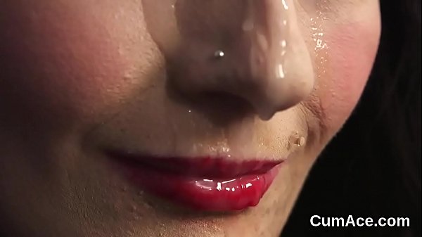 Flirty centerfold gets jizz shot on her face eating all the jizz