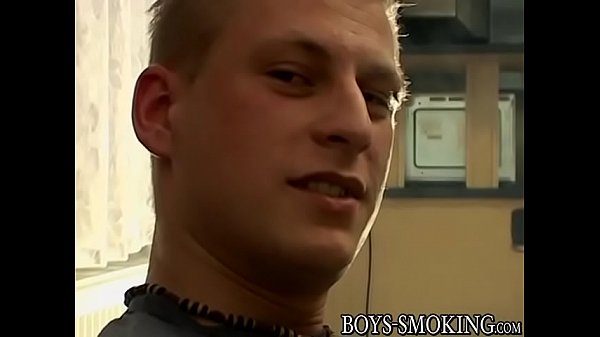 Shaved twink smokes and strokes solo