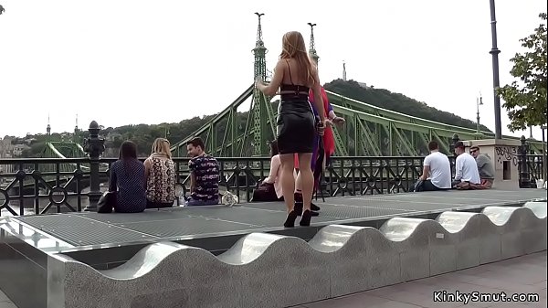 Blonde mistress disgraces redhead euro slut outdoor in public